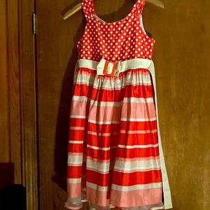 Red pink tan white dress polka dot with lines,polka dot with lines on bottom